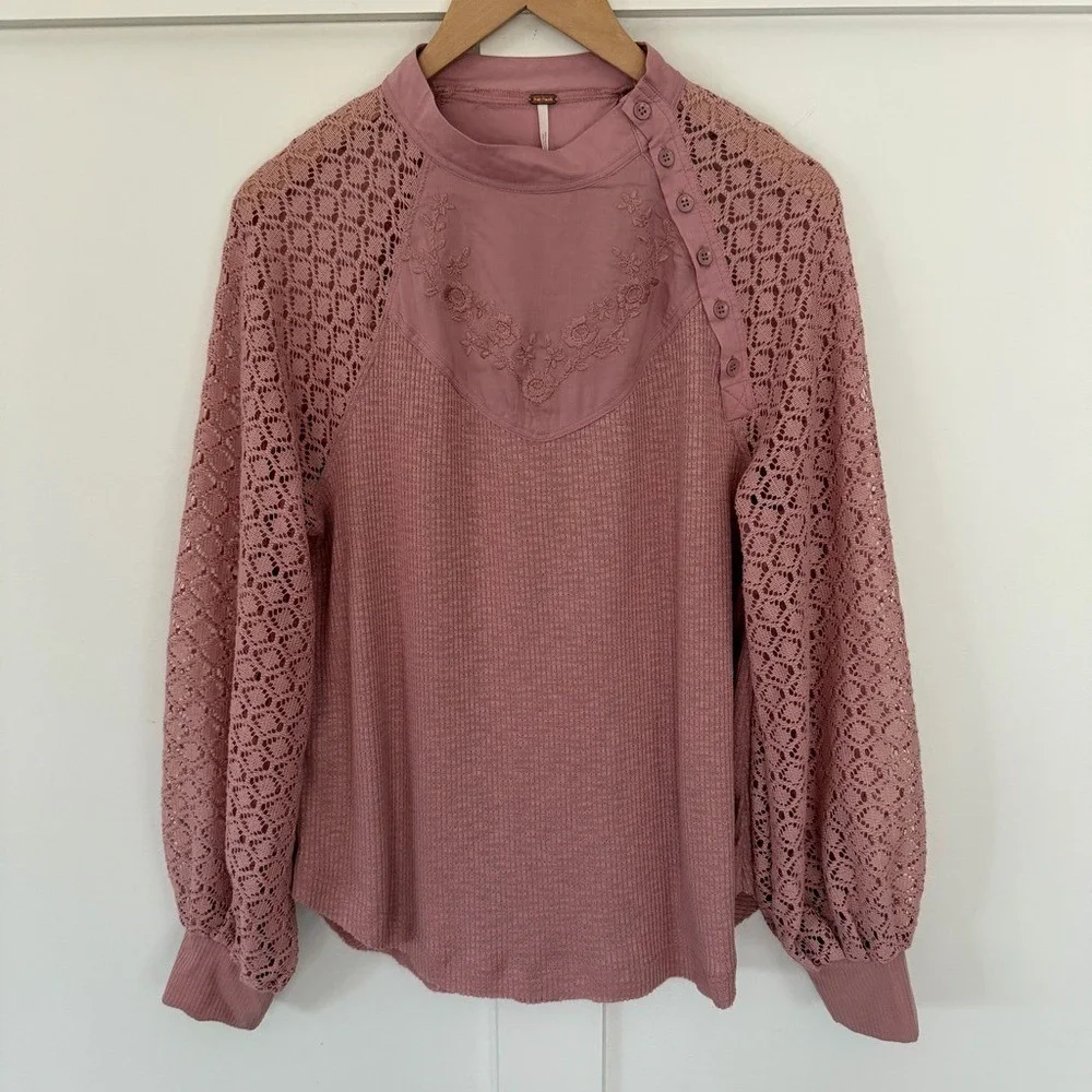 Free People Women's Sweetest Thing Thermal Pink Blush Top Lace Balloon‎ Sleeve M